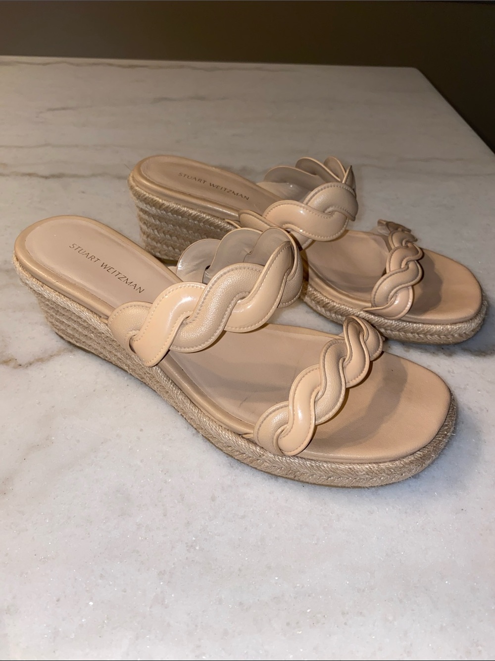 Stuart Weitzman Twist Espadrille Wedge Two Strap Leather Jute Sandals